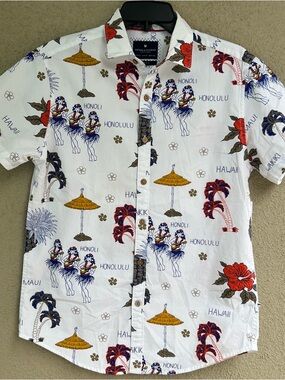 Denim and Flower Men’s Short Sleeve Button-Up Floral Hawaiian Shirt Size S